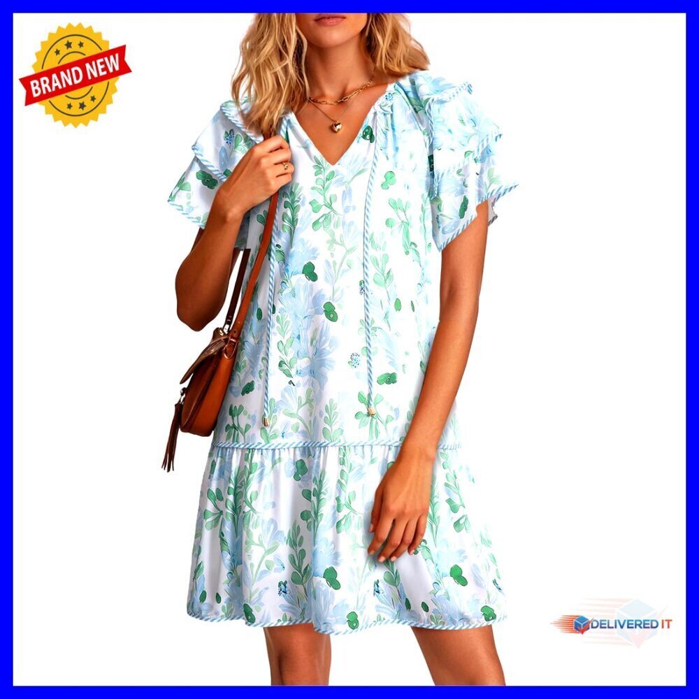 Boho Floral V Neck Drawstring Ruffle Sleeve A-Line Swing Mini Sundress Casual